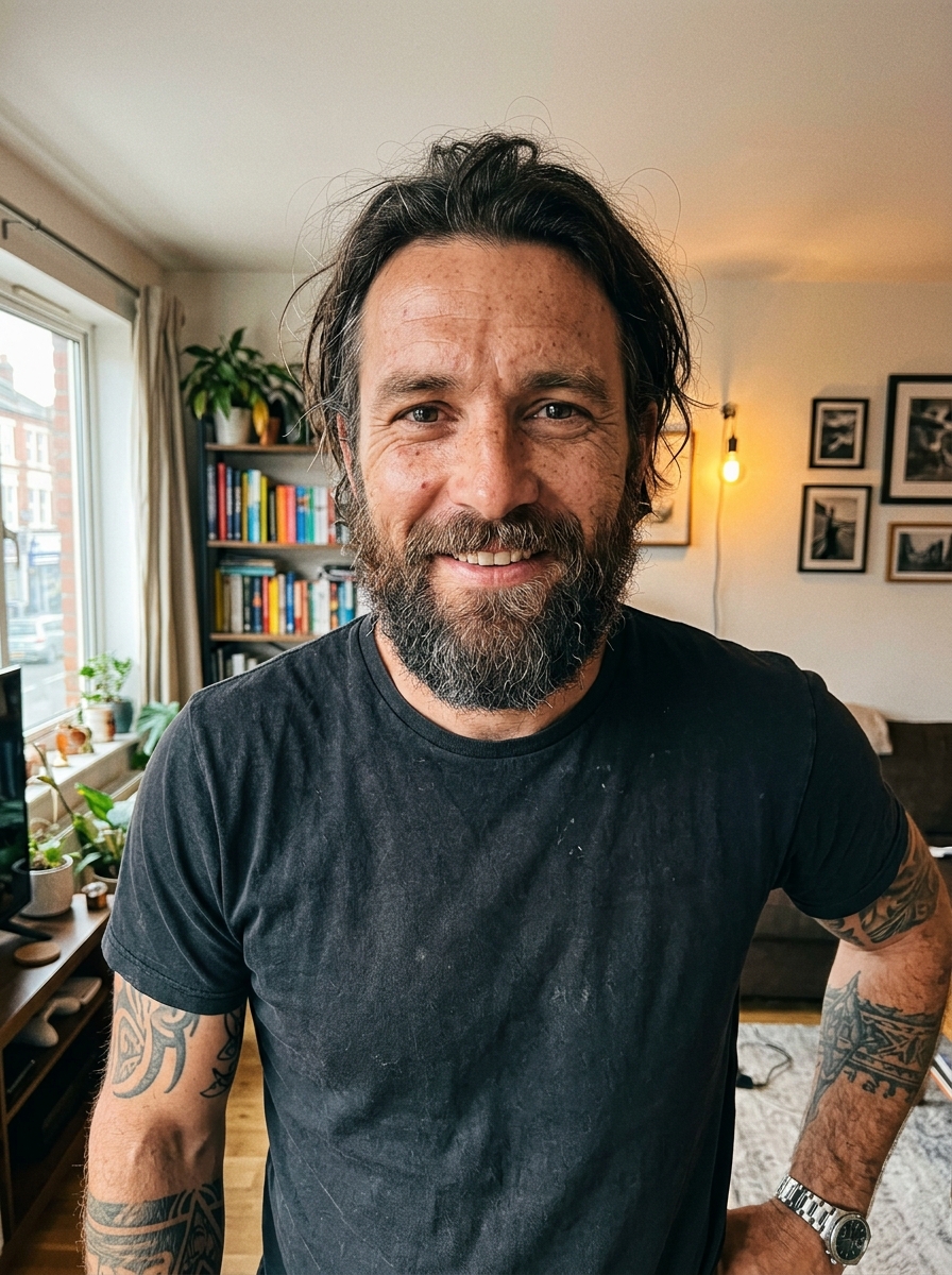 Realistic AI influencer face, unretouched: Rugged