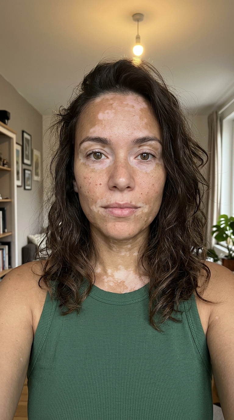 Realistic AI influencer face, unretouched: Vitiligo