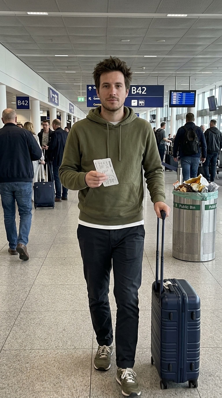 AI male influencer: Airport departure, same locked face