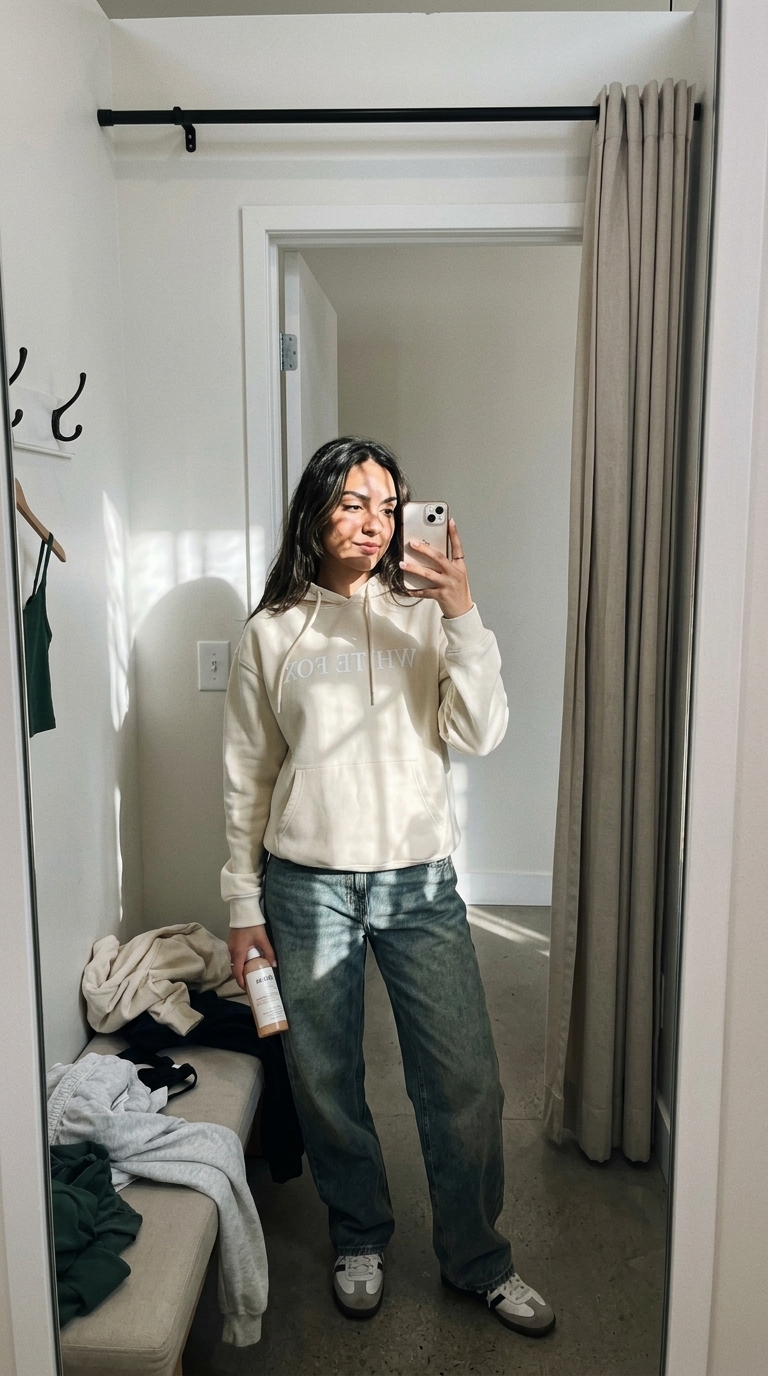 mirror try-on selfie where the chest print renders reversed, like a real mirror